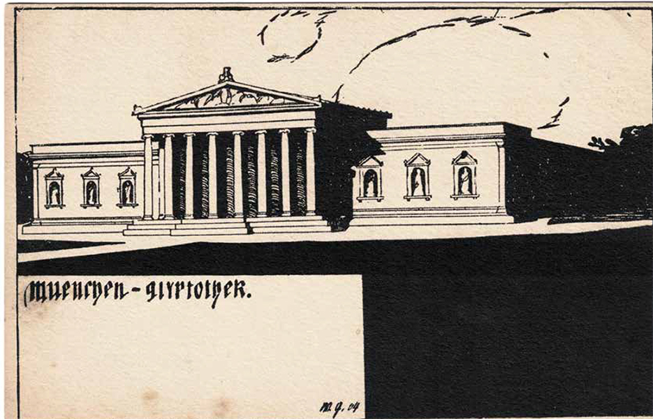 Willi Geiger: »Glyptothek« | Ansichtskarte mit Reproduktion einer Tuschzeichnung von 1904 | o. J. | Sammlung Betz | © Archiv Geiger