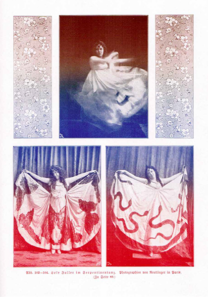 Loïe Fuller | Fotografien von Reutlinger, Paris | aus: Karl Storck: »Der Tanz«, Bielefeld/Leipzig 1903, Abb. 102–104, Tafel gegenüber S. 88 | © Munich Dance Histories