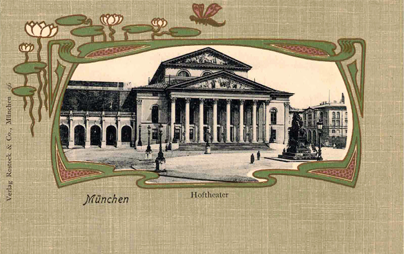 Both the Königliche Hoftheater: the Residenztheater (left) and the Nationaltheater at Max-Joseph-Platz | picture postcard, published by Rostock & Co, Munich (motif no. 96) | ca. 1900 | Betz Collection, © Munich Dance Histories