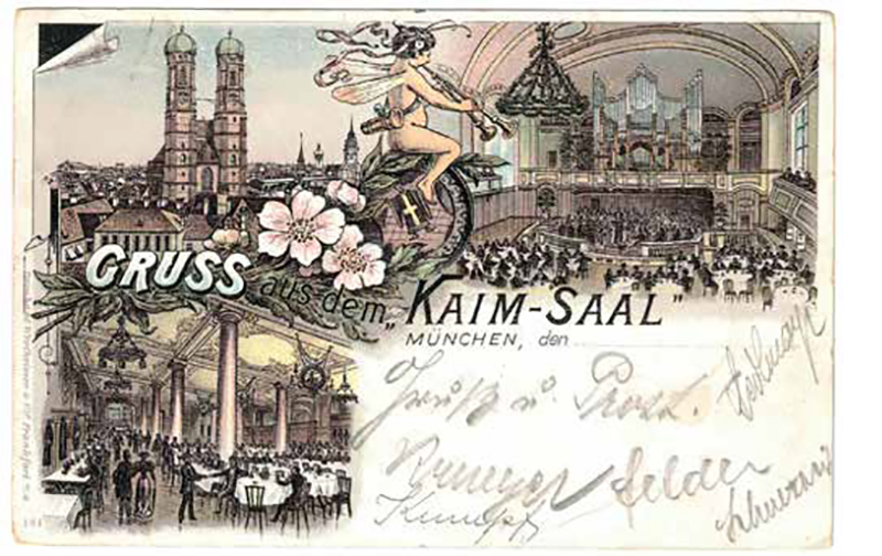 »Greetings from the “Kaim-Saal”« | picture postcard, lithography (postmarked 1904) | Betz Collection, © Munich Dance Histories