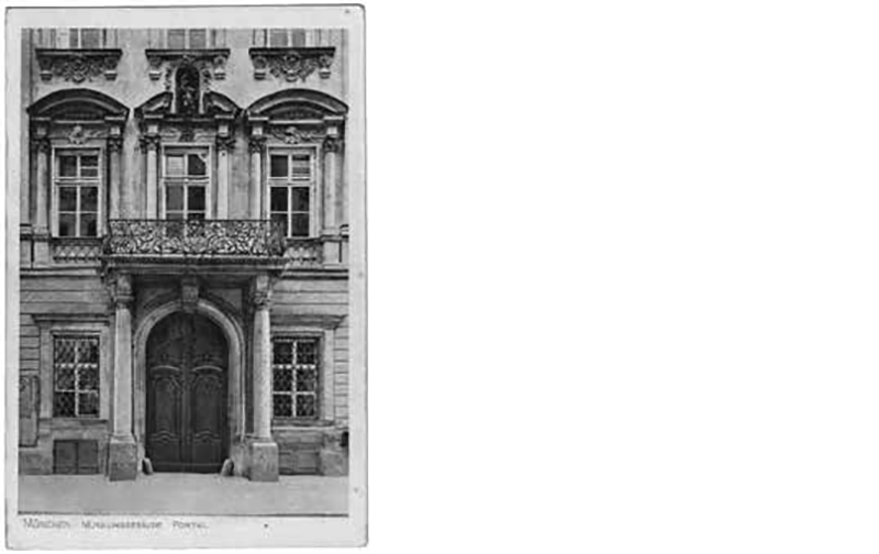 Palais Portia / museum building, portal | postcard, published and photographed by Susanne Homann, Werkstätte für moderne Lichtbildkunst, Darmstadt. 1909 (series I, no. 8) | Betz Collection, © Munich Dance Histories