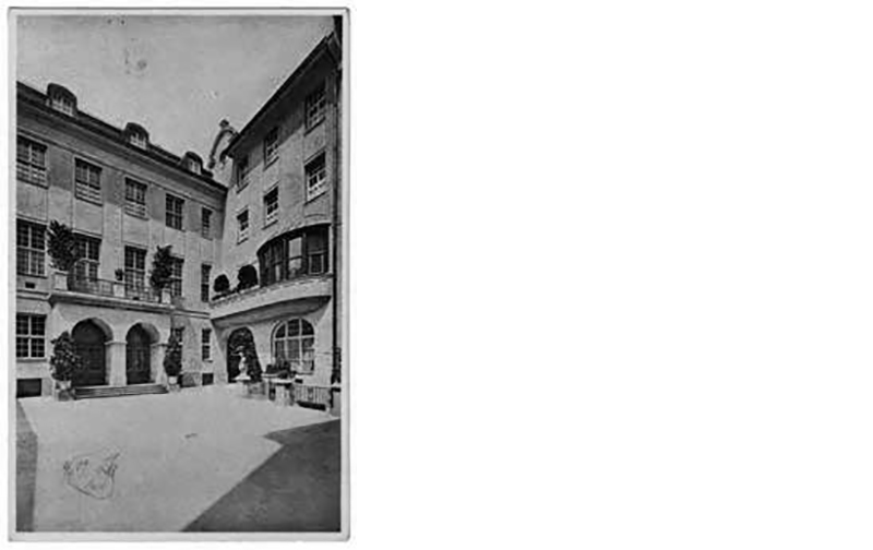 »Hôtel Union, Munich. Barerstrasse 7. Owner: Catholic Casino Munich« | inner courtyard with entry to the hall | postcard (postmarked 1909) | Betz Collection, © Munich Dance Histories