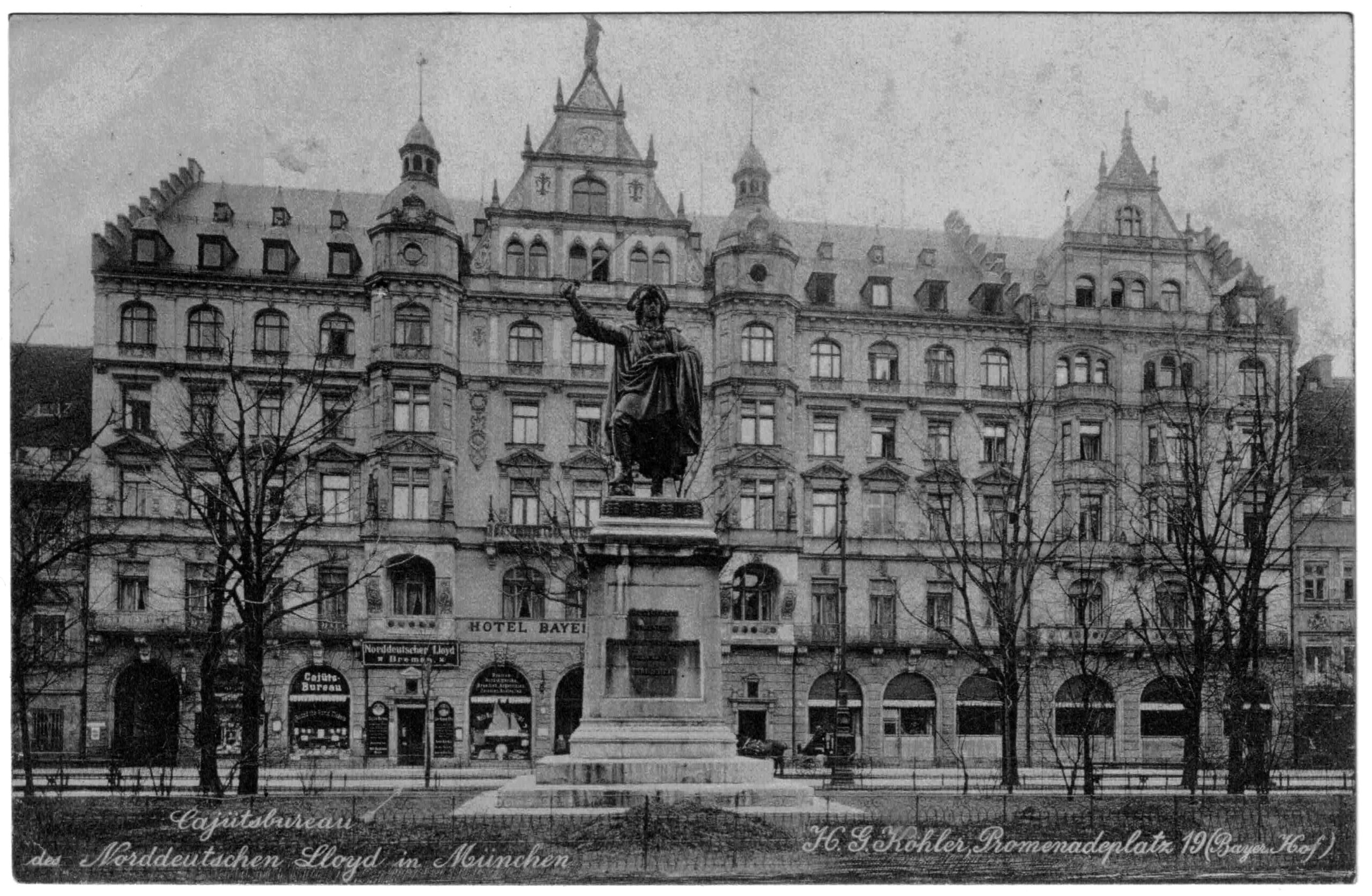 Hotel Bayerischer Hof | Ansichtskarte des Cajütsbureau des Norddeutschen Lloyd in München, H. G. Köhler, Promenadeplatz 19 | Poststempel 1911 | Sammlung Betz, © Munich Dance Histories