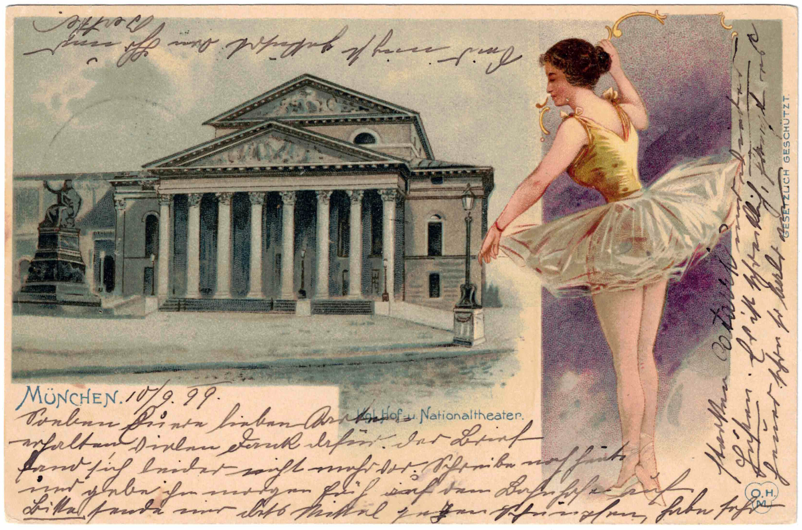 Nationaltheater | Ansichtskarte, Farblithographie, Verlag O.H.M. | Poststempel 1899 |© Sammlung Betz